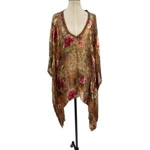 Christina Makowsky Caftan Kimono Top Blouse Paisley Floral Print Brown Tan